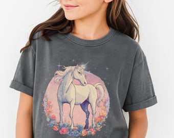 Retro Floral Unicorn T-shirt: Pastel Kids Comfort Colors Tee