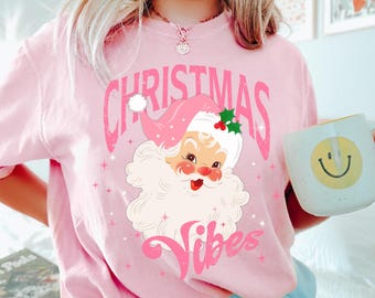 Retro Pink Santa Comfort Colors T-Shirt: Vintage Christmas Vibes