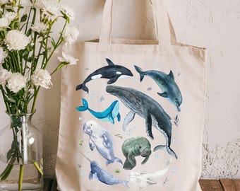 Sea Life Tote Bag, Ocean Lover Gift, Shark Tote Bag, Cotton Canvas Bag, Whale Tote Bag, Manatee Bag, Aesthetic Beach Bum, Summer Tote Bag