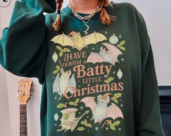 Spooky Christmas Bat Sweatshirt, Pastel Goth Christmas Sweater, Witchy Holiday Crewneck, Gothic Xmas Pullover