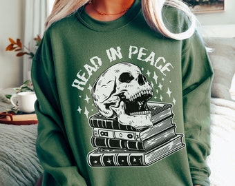 Teacher Halloween Sweatshirt, Skull Crewneck, Funny Skeleton Reading, Spooky Bookish, Read More Books, Book Lover Gift, Halloween Sweater