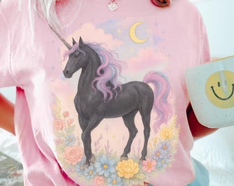 Unicorn Shirt, Fantasy Black Unicorn Tshirt, Comfort Colors, Vintage Celestial Pastel Unicorn Tee, Unisex Adult Unicorn Shirt