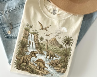 Vintage Dinosaur Comfort Colors® Shirt Prehistoric Jungle Jurassic Scene Tshirt Dino Tee Volcano Landscape TShirt Dino Wilderness T-Shirt