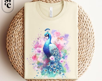Watercolor Peacock Shirt, Mothers Day Gift, Bird Lover Gift, Peacock Feather Tshirt, Nature Lover, Boho Top, Vibrant Colorful Graphic Shirt