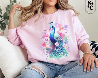 Watercolor Peacock Sweatshirt, Bird Lover Gift, Peacock Feather Sweater, Animal Lover Gift, Nature Lover, Boho, Vibrant Colorful Crewneck