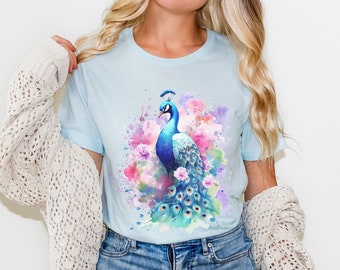 Watercolor Peacock T-Shirt: Vibrant Bird Graphic Tee, Boho Style