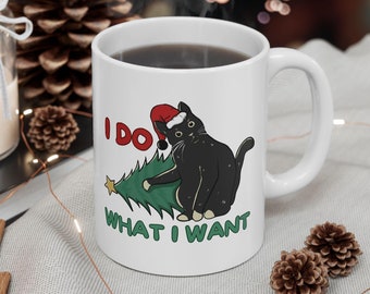 What Cat Christmas Tree Mug, Funny Christmas Mug, Cat Lover Gift, Fun Cat Xmas Gift, White Elephant, Cat Owner Gift, Cat Knocking Over Tree