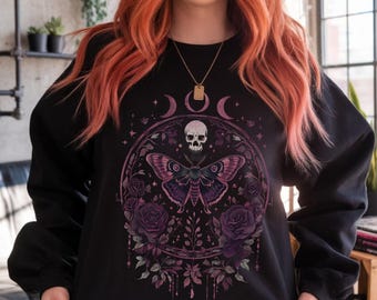 Witchy Gothic Moth Skull Sweatshirt, Deaths Head Moth Sweater, Dark Academia Crewneck, Goth Sweatshirt, Floral Moon Pullover