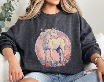 Womens Magical Unicorn Sweatshirt, Retro Vintage Mythical Unicorn Crewneck, Fairycore Sweater, Dark Fantasy Creature, Dreamcore Sweatshirt
