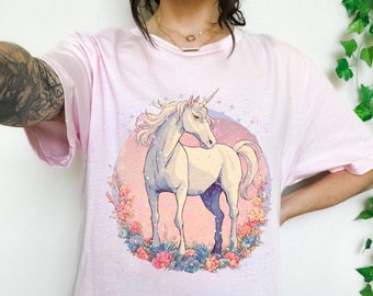 Womens Unicorn Shirt, Fantasy Sleep Shirt, Pastel Goth Night Shirt, Soft Cotton Sleepshirt, Retro Vintage Aesthetic, Cute Nostalgia PJs Top