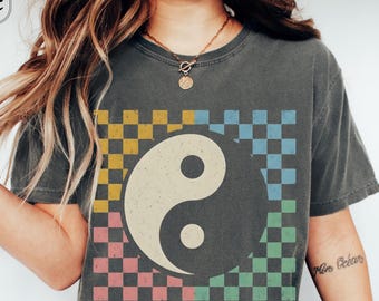 Yin Yang Shirt, Comfort Colors, Vintage Skater Tee, Trendy Checkerboard Tshirt