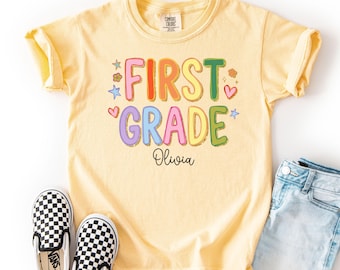 Youth First Grade Comfort Colors® Shirt Colorful Custom Name Elementary School TShirt Kids 1st Grade Back to School Outfit For First Day